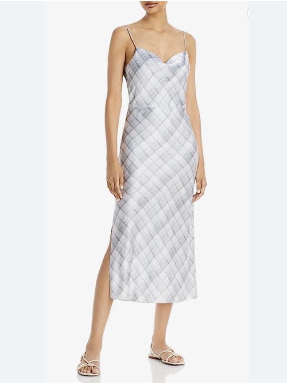 Vince Hazy Split Dress Midi Slip Dress in Gray Plaid Check Cowl Neck Size 12